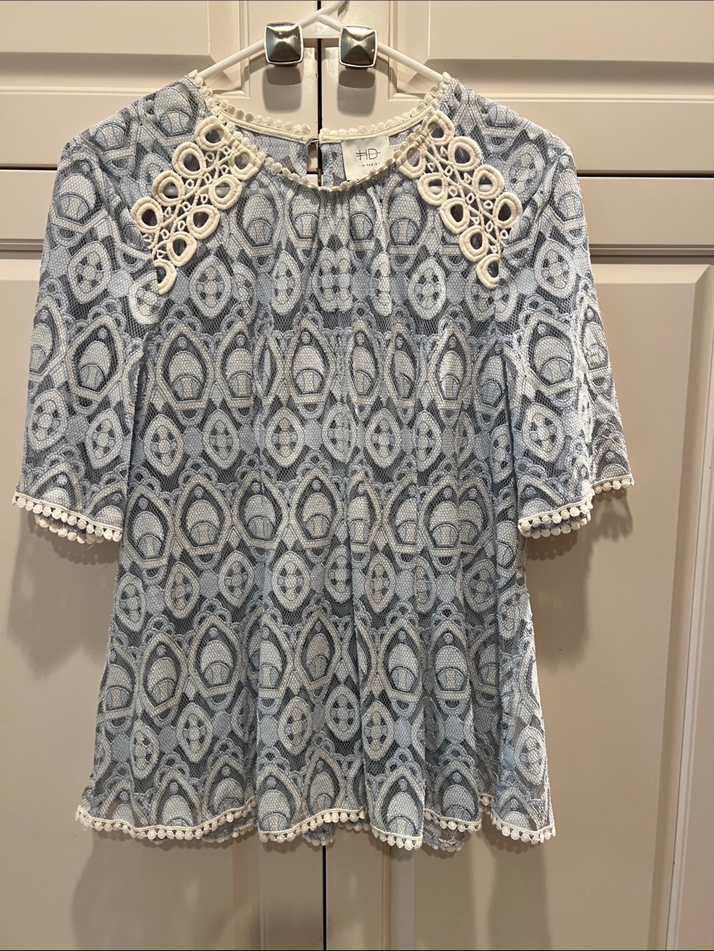 HD in Paris Light Blue and White Crochet-Trim Lace Blouse